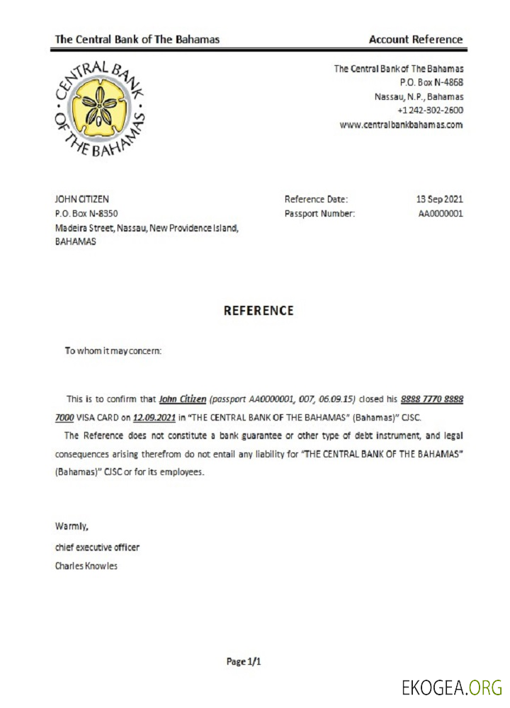 Les Bahamas , La banque centrale des Bahamas , référence de fermeture